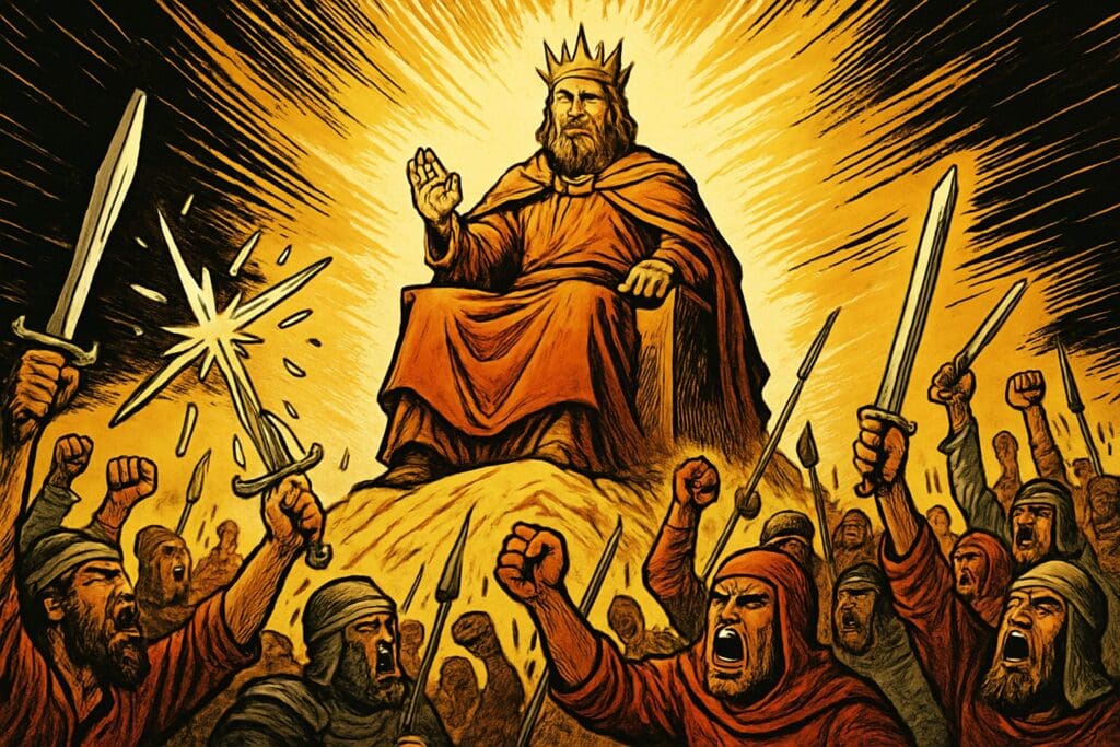 Comic book style illustration depicting a scene from Psalm 2