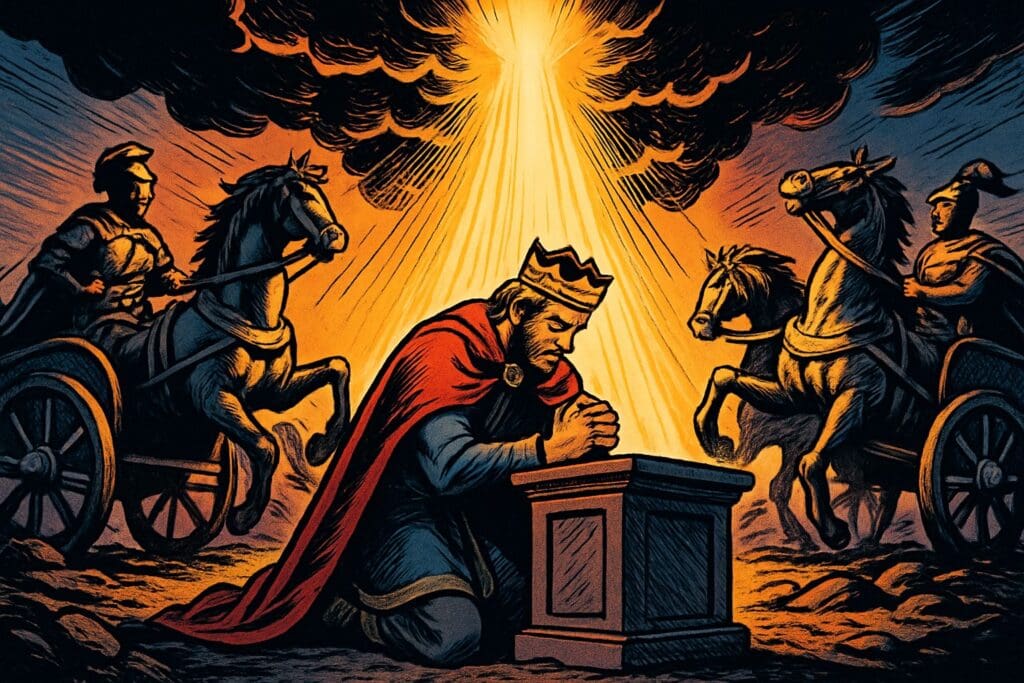 Comic book style illustration depicting a scene from Psalm 20