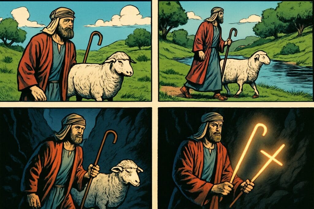 Comic book style illustration depicting a scene from Psalm 23