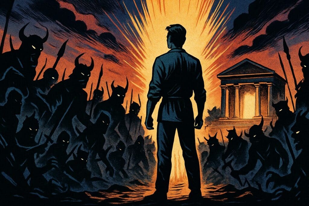 Comic book style illustration depicting a scene from Psalm 27