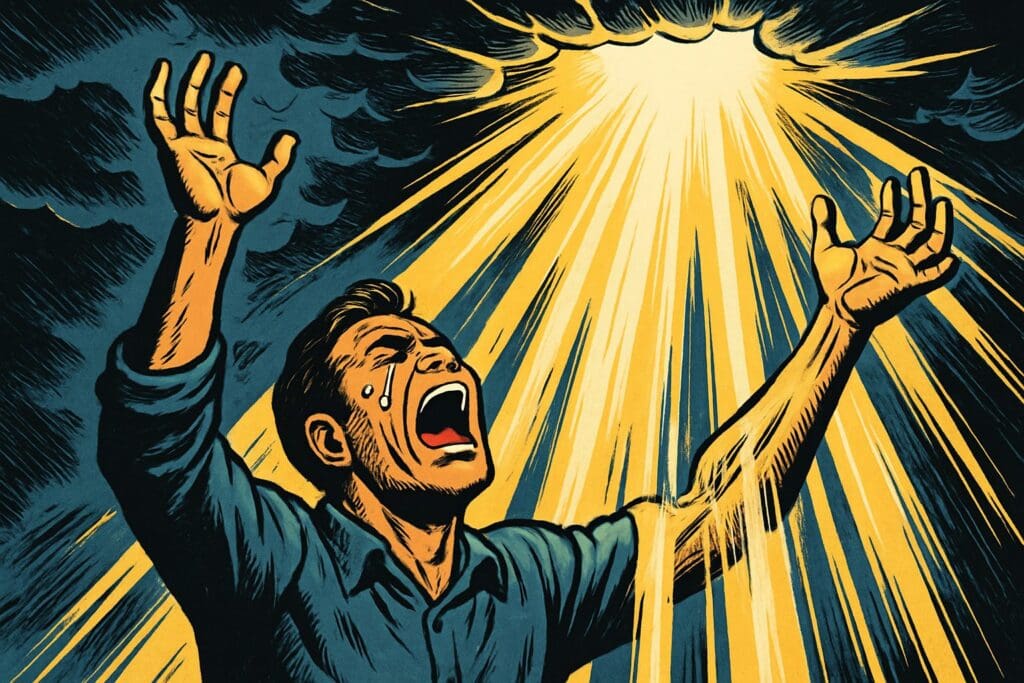 Comic book style illustration depicting a scene from Psalm 28