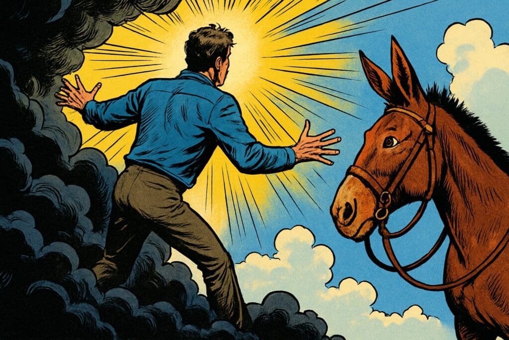 Comic book style illustration depicting a scene from Psalm 32