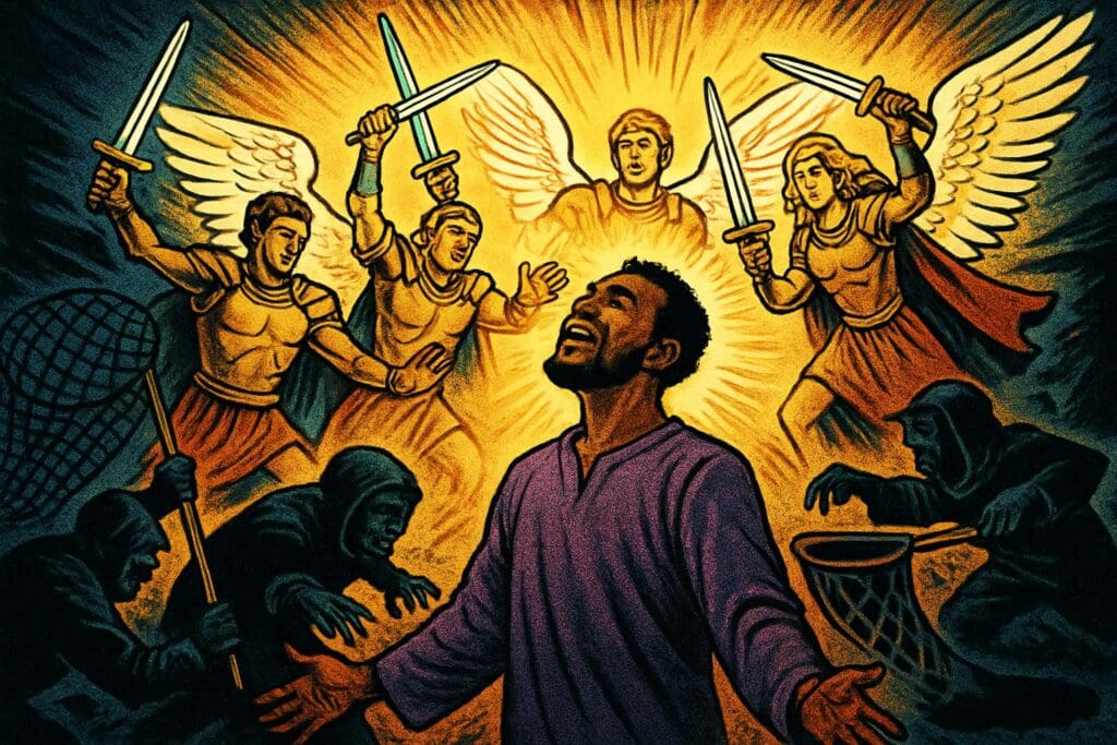 Comic book style illustration depicting a scene from Psalm 35