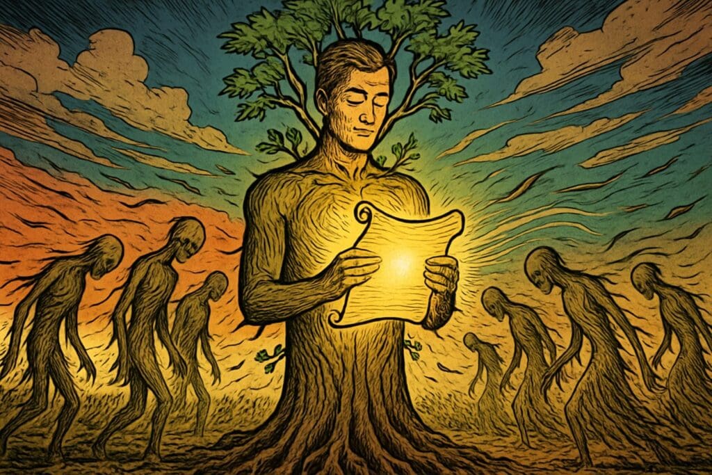 Comic book style illustration depicting a scene from Psalm 37