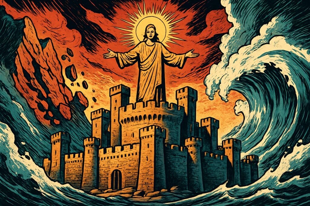 Comic book style illustration depicting a scene from Psalm 46