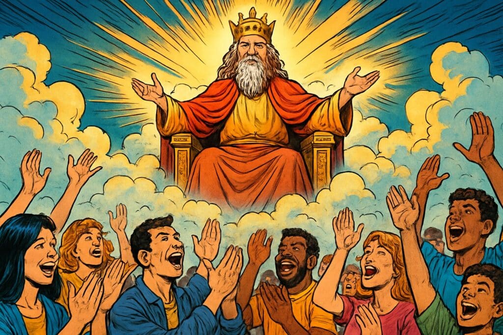 Comic book style illustration depicting a scene from Psalm 47
