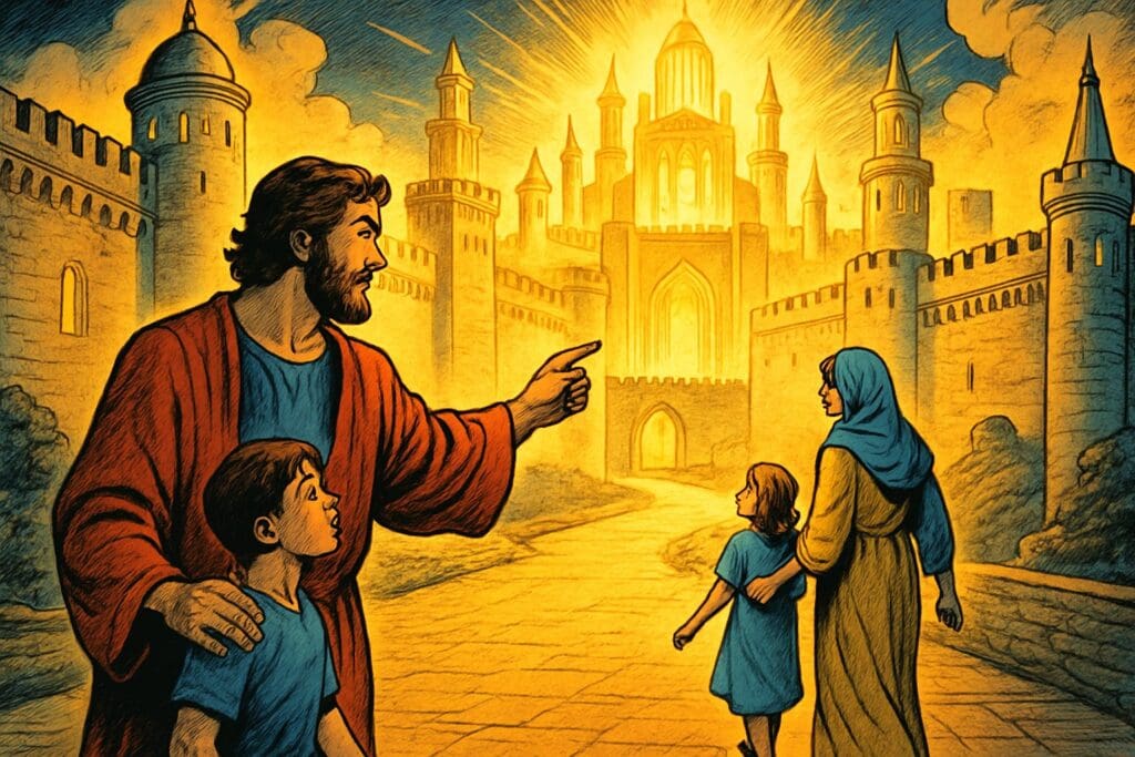 Comic book style illustration depicting a scene from Psalm 48