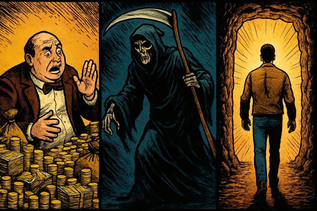 Comic book style illustration depicting a scene from Psalm 49