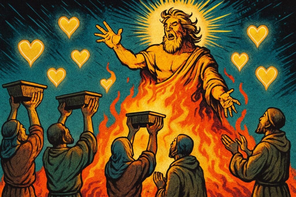 Comic book style illustration depicting a scene from Psalm 50