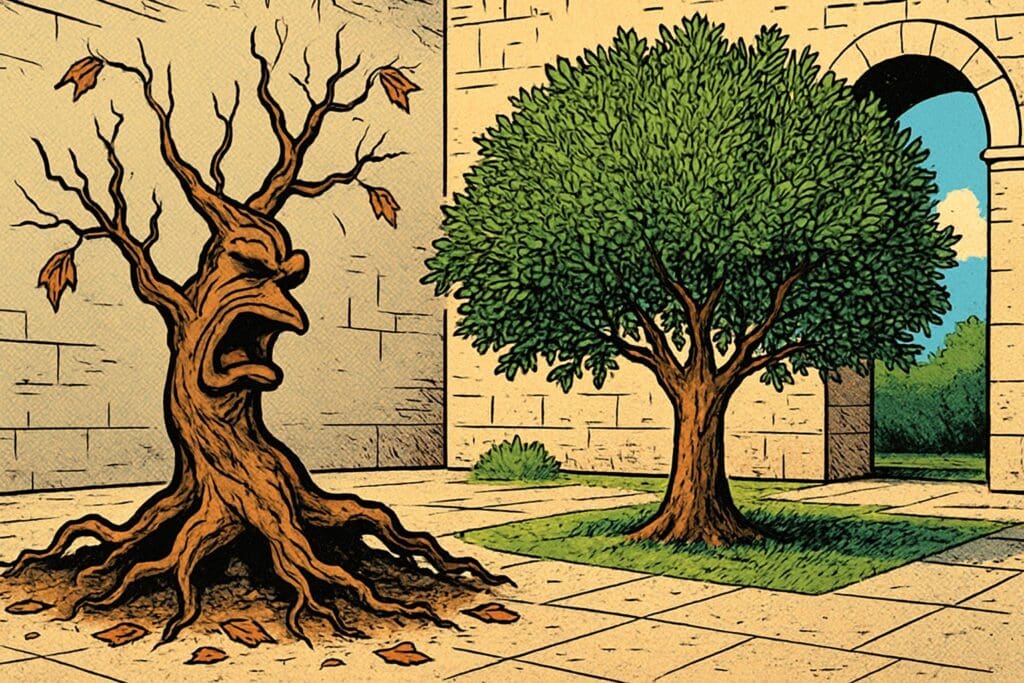 Comic book style illustration depicting a scene from Psalm 52