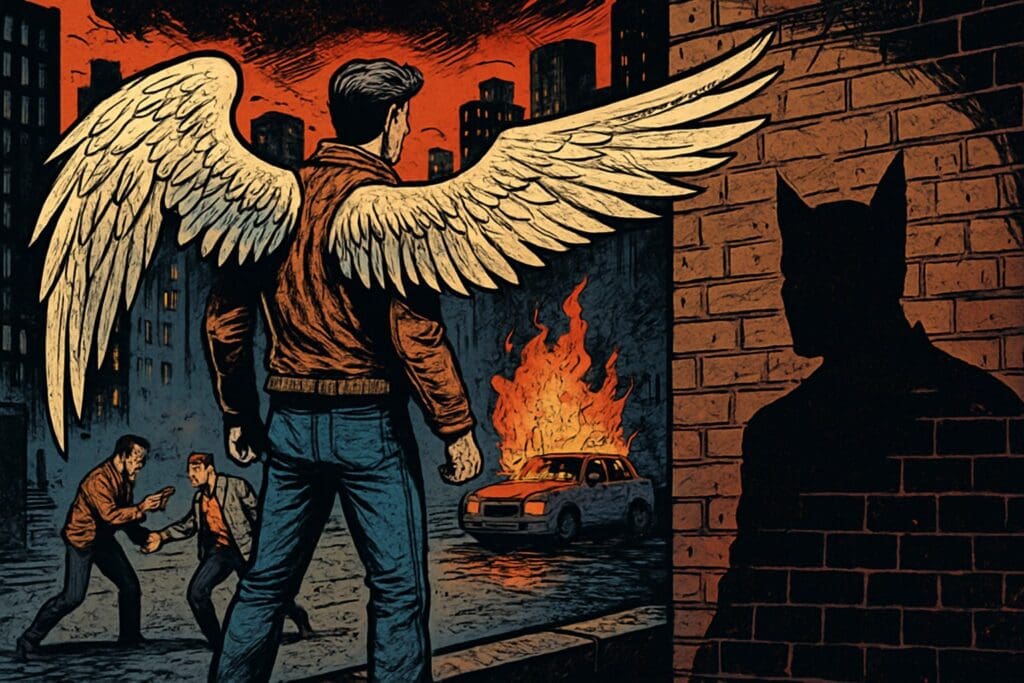 Comic book style illustration depicting a scene from Psalm 55