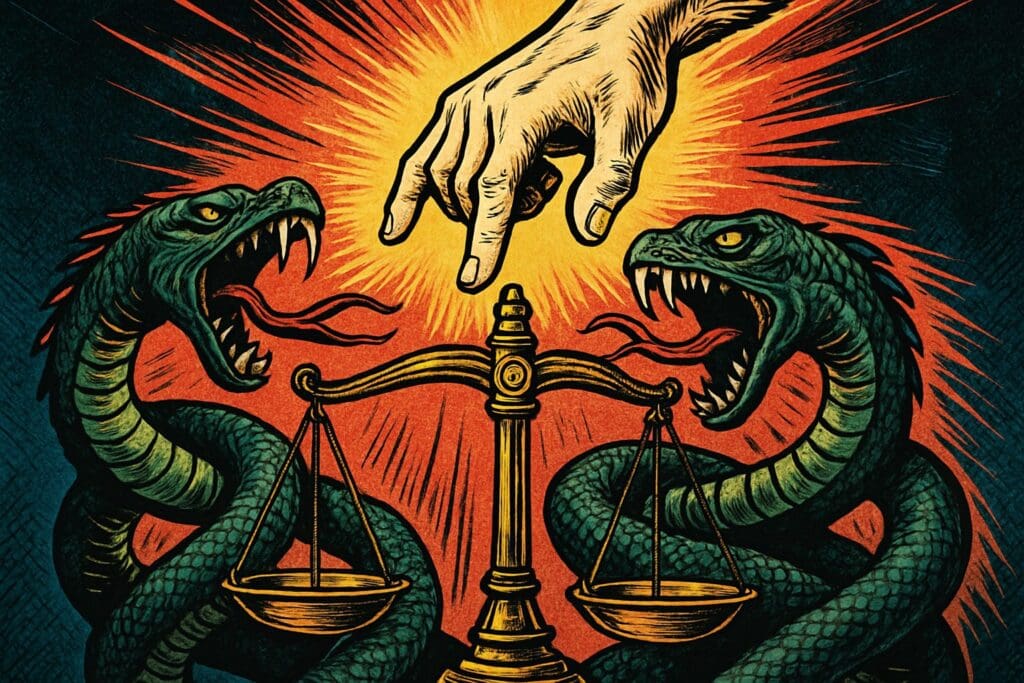 Comic book style illustration depicting a scene from Psalm 58