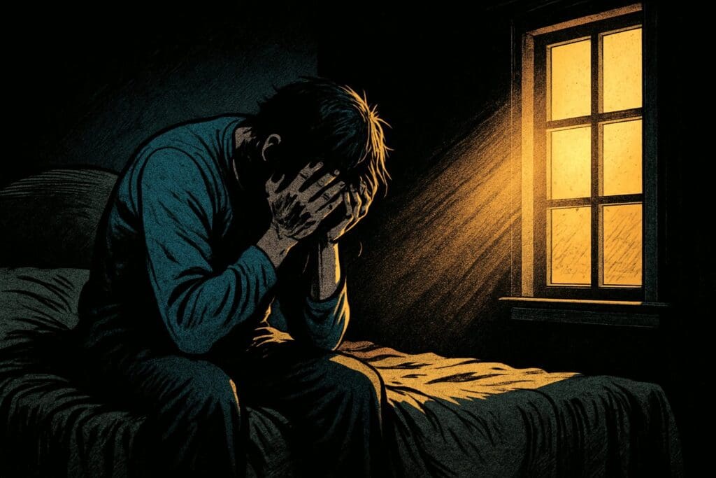 Comic book style illustration depicting a scene from Psalm 6