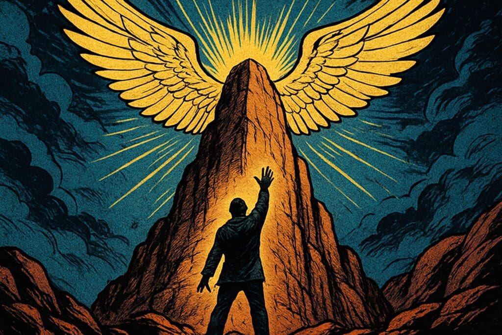Comic book style illustration depicting a scene from Psalm 61