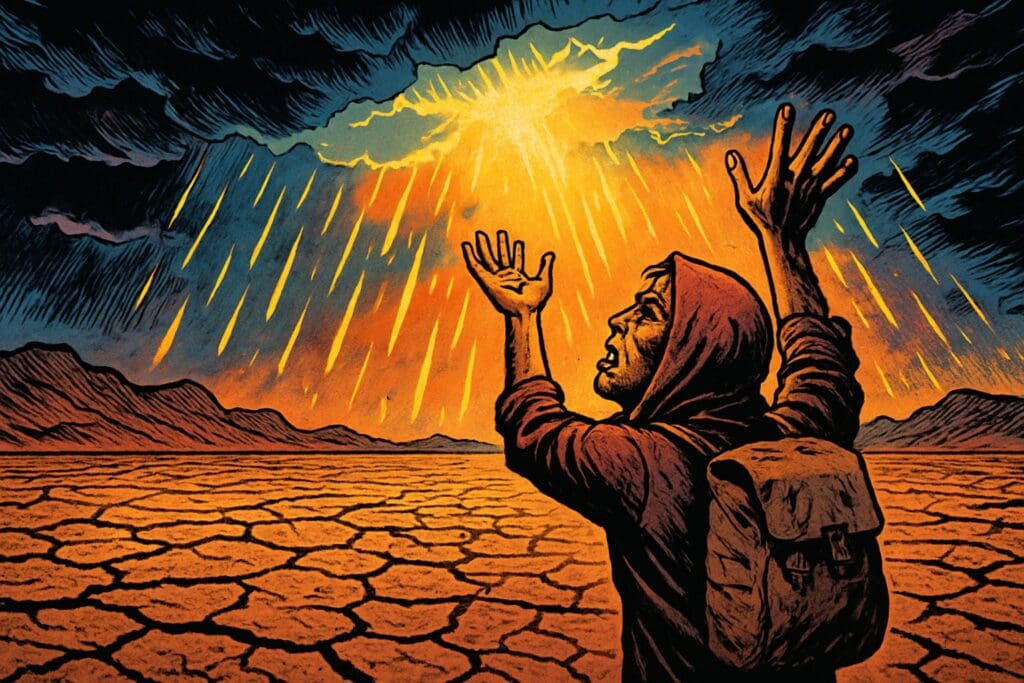 Comic book style illustration depicting a scene from Psalm 63