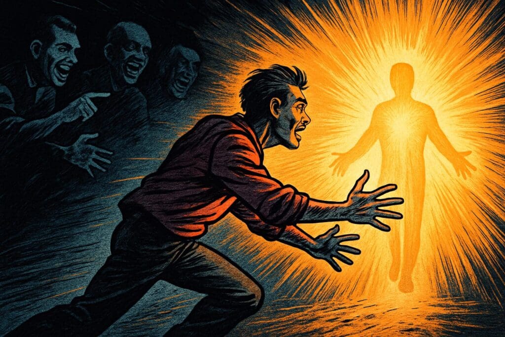Comic book style illustration depicting a scene from Psalm 70