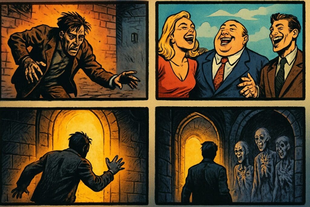 Comic book style illustration depicting a scene from Psalm 73