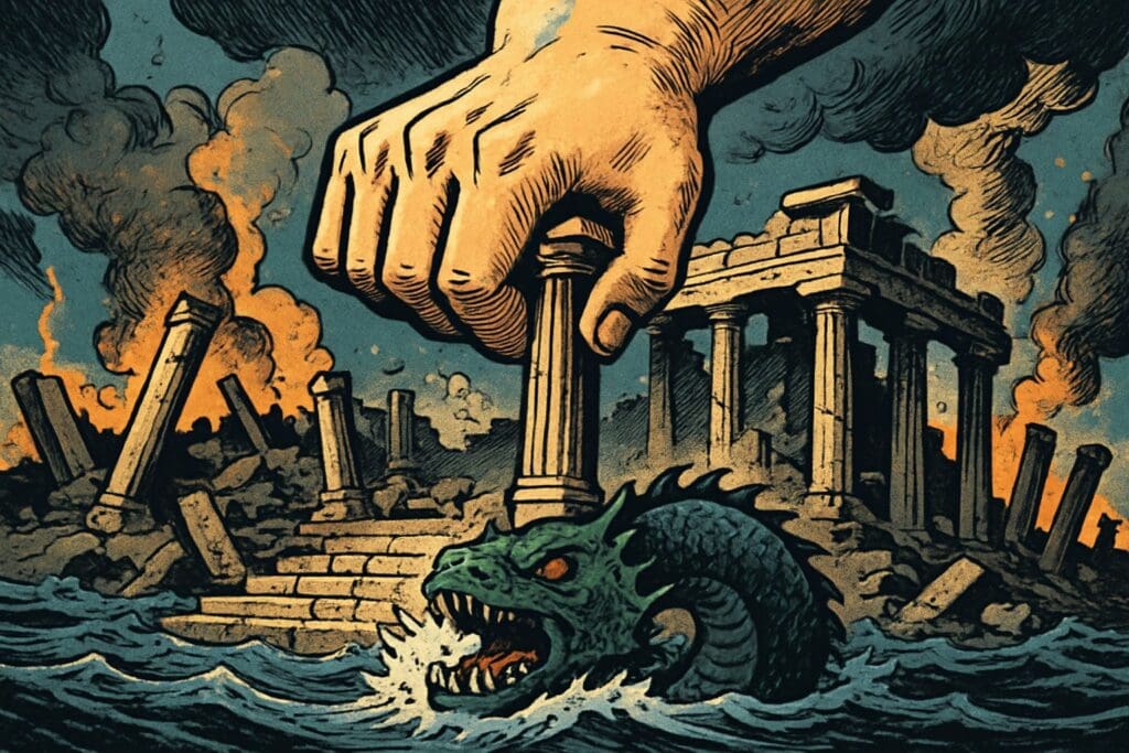Comic book style illustration depicting a scene from Psalm 74