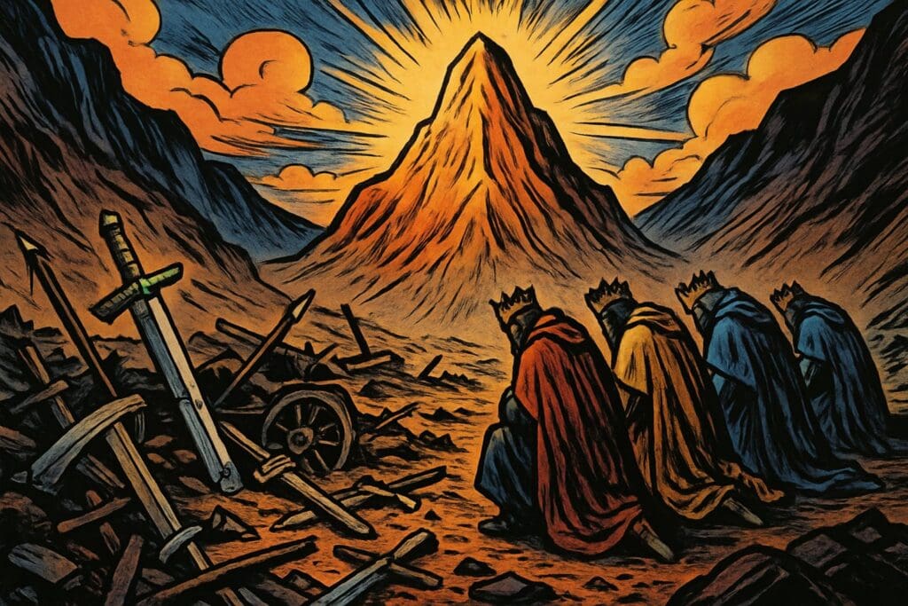 Comic book style illustration depicting a scene from Psalm 76