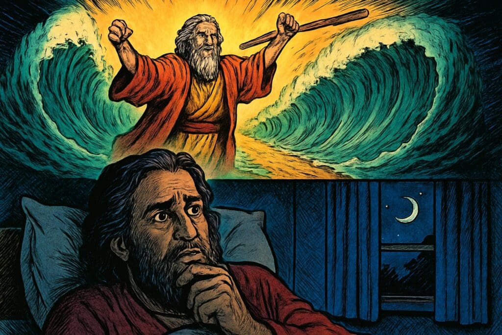 Comic book style illustration depicting a scene from Psalm 77