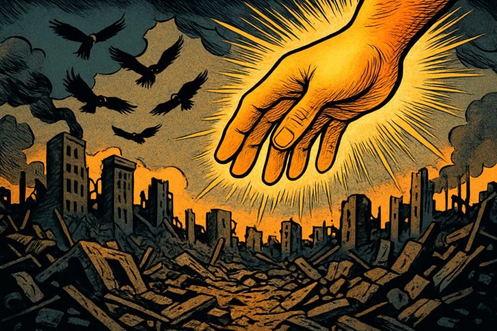 Comic book style illustration depicting a scene from Psalm 79