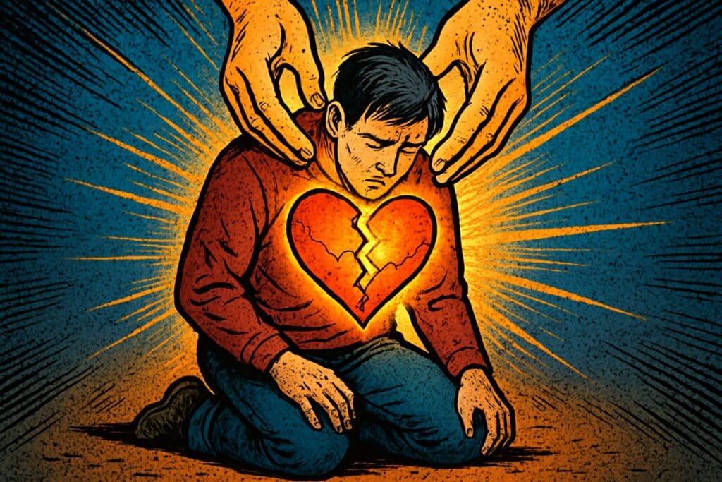 Comic book style illustration depicting a scene from Psalm 86