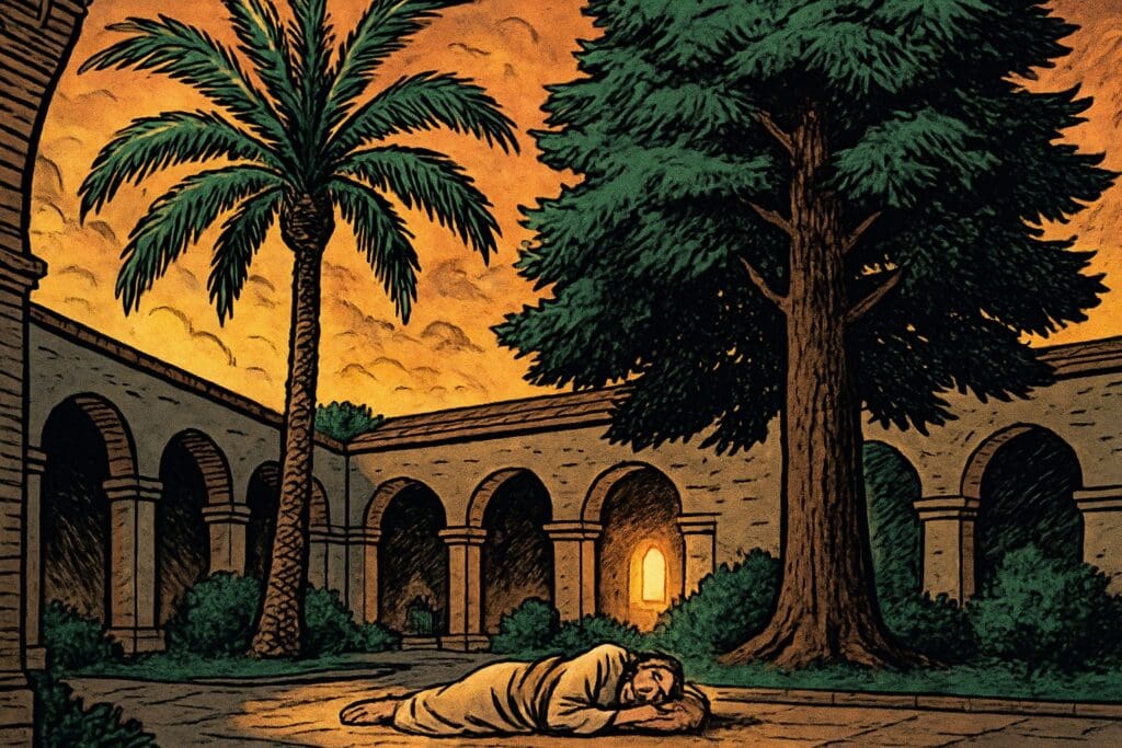 Comic book style illustration depicting a scene from Psalm 92