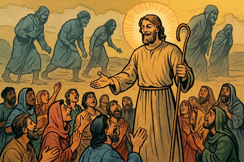 Comic book style illustration depicting a scene from Psalm 95