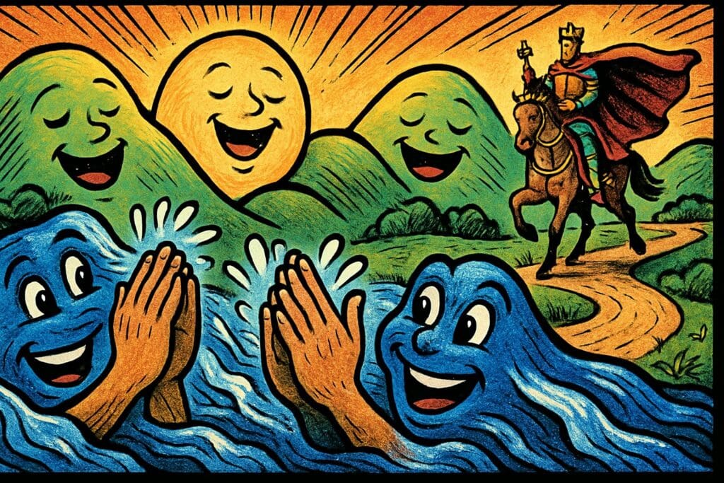 Comic book style illustration depicting a scene from Psalm 98