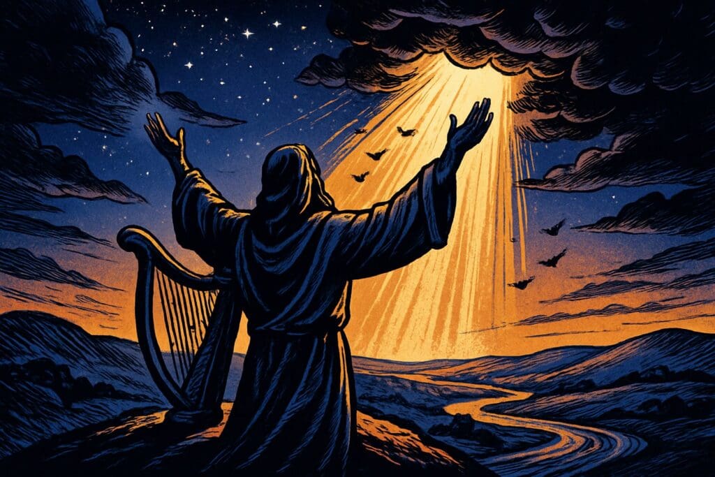 Comic book style illustration of a robed harpist raising arms in praise under a night sky turning to golden dawn, representing the book of Psalms