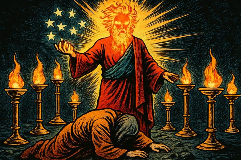 Comic book style illustration depicting a scene from Revelation chapter 1