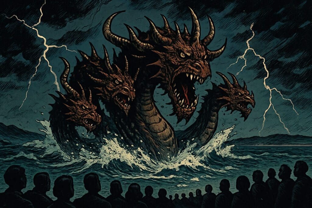 Comic book style illustration depicting a scene from Revelation chapter 13