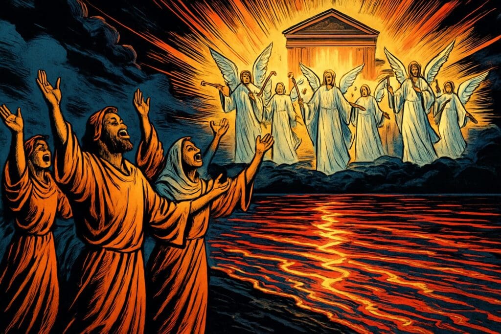 Comic book style illustration depicting a scene from Revelation chapter 15