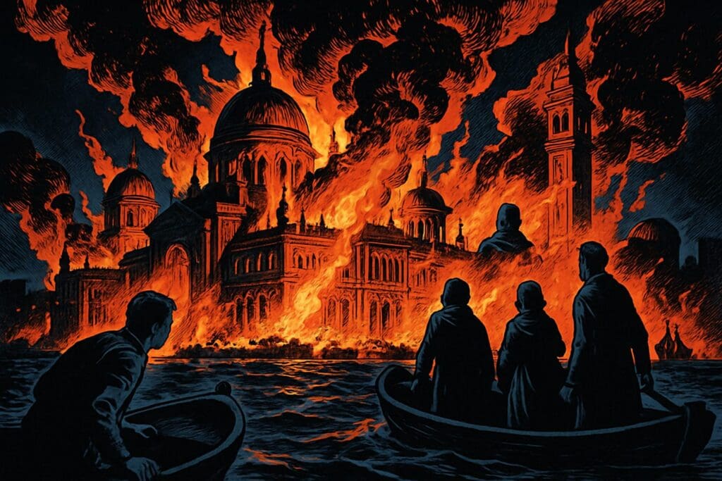 Comic book style illustration depicting a scene from Revelation chapter 18