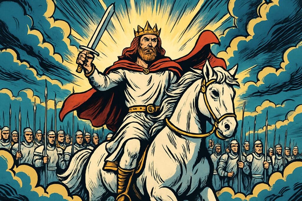 Comic book style illustration depicting a scene from Revelation chapter 19