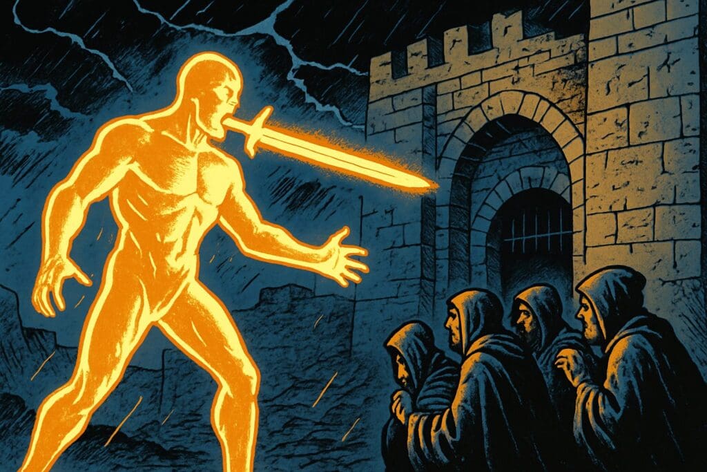Comic book style illustration depicting a scene from Revelation chapter 2