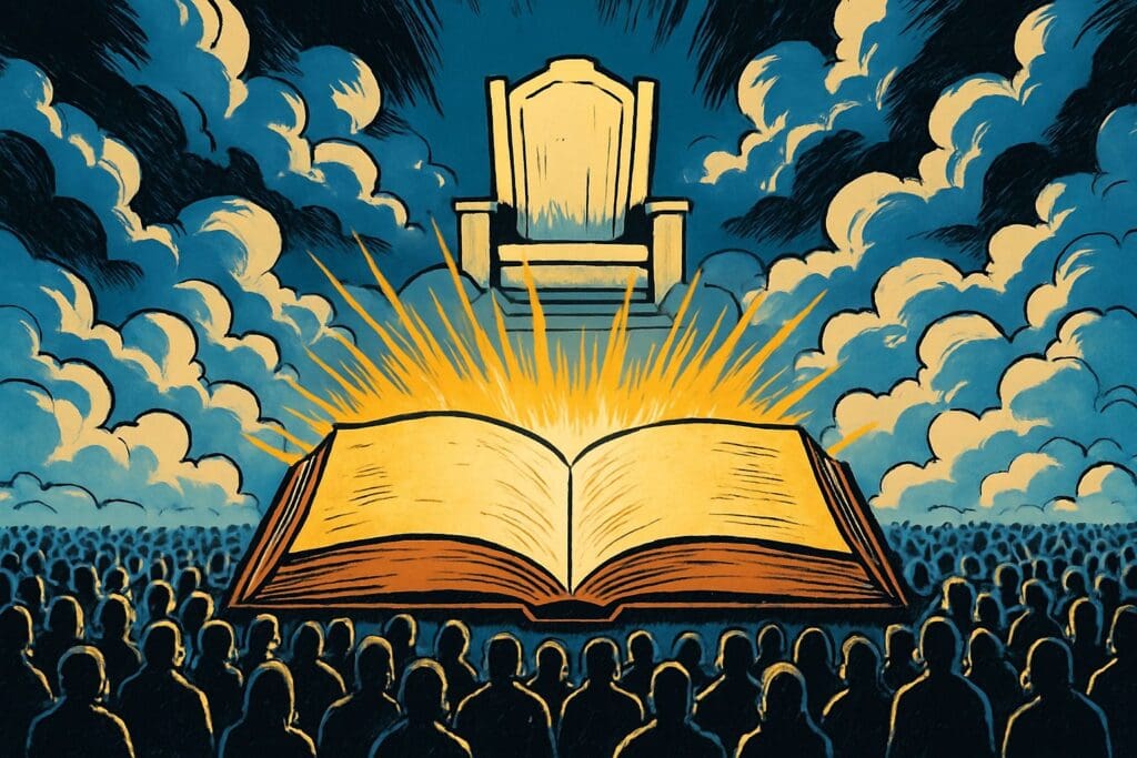 Comic book style illustration depicting a scene from Revelation chapter 20
