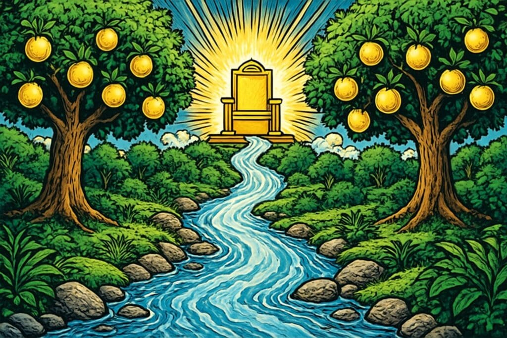 Comic book style illustration depicting a scene from Revelation chapter 22