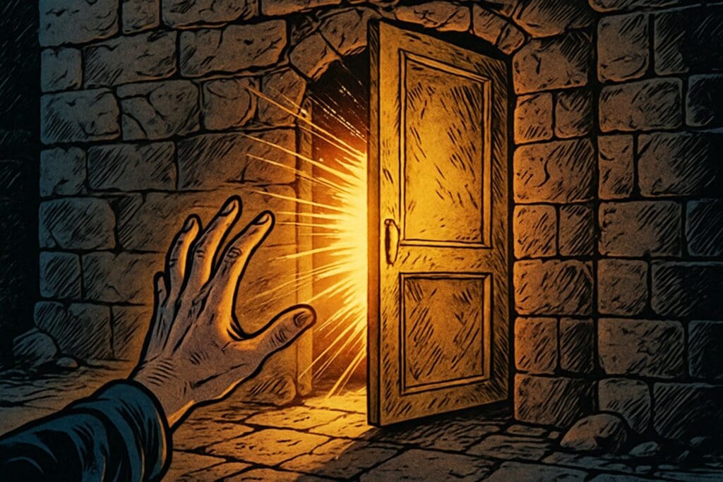 Comic book style illustration depicting a scene from Revelation chapter 3