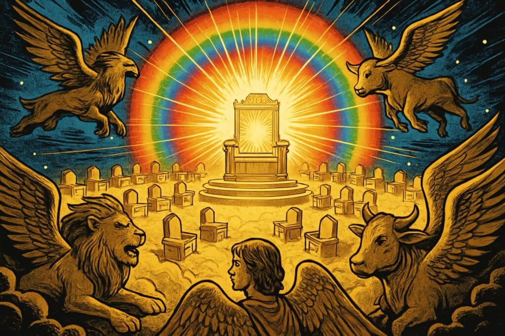 Comic book style illustration depicting a scene from Revelation chapter 4