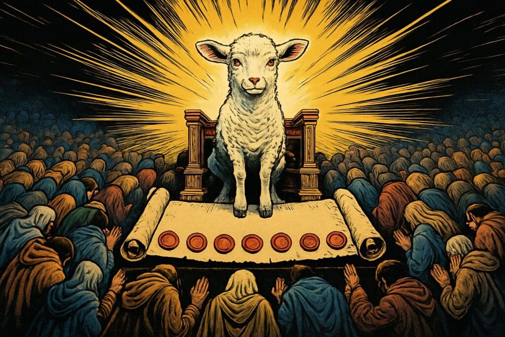 Comic book style illustration depicting a scene from Revelation chapter 5