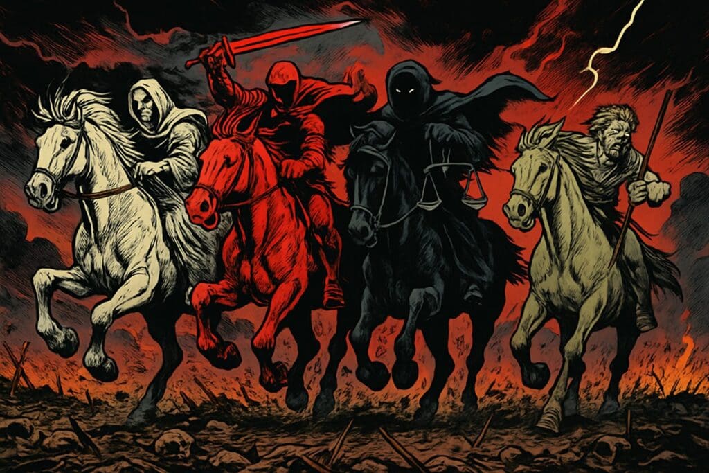 Comic book style illustration depicting a scene from Revelation chapter 6