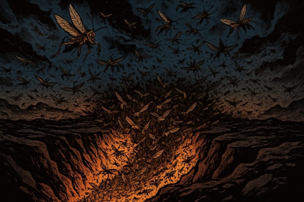 Comic book style illustration depicting a scene from Revelation chapter 9