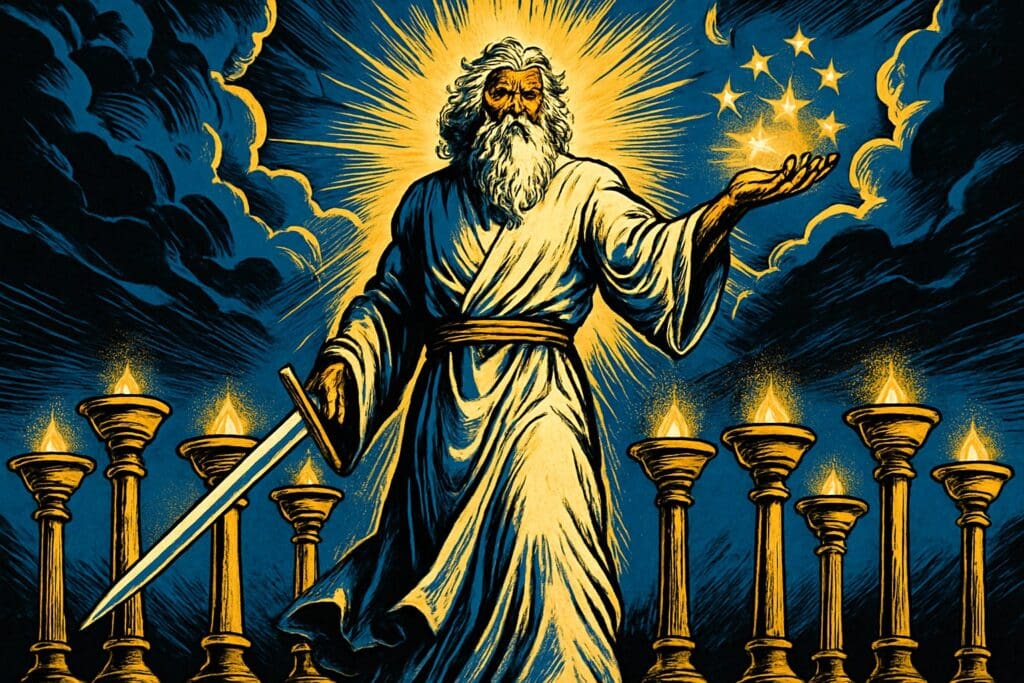 Comic book style illustration of the glorified Christ standing among seven golden lampstands