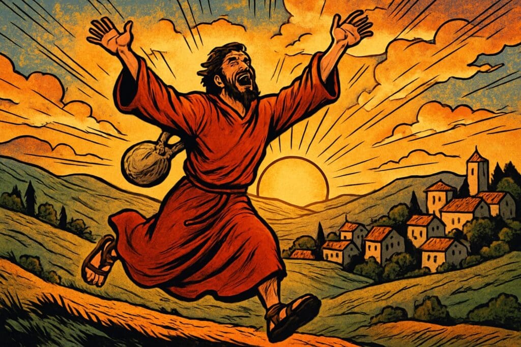 Comic book style illustration depicting a scene from Romans chapter 10