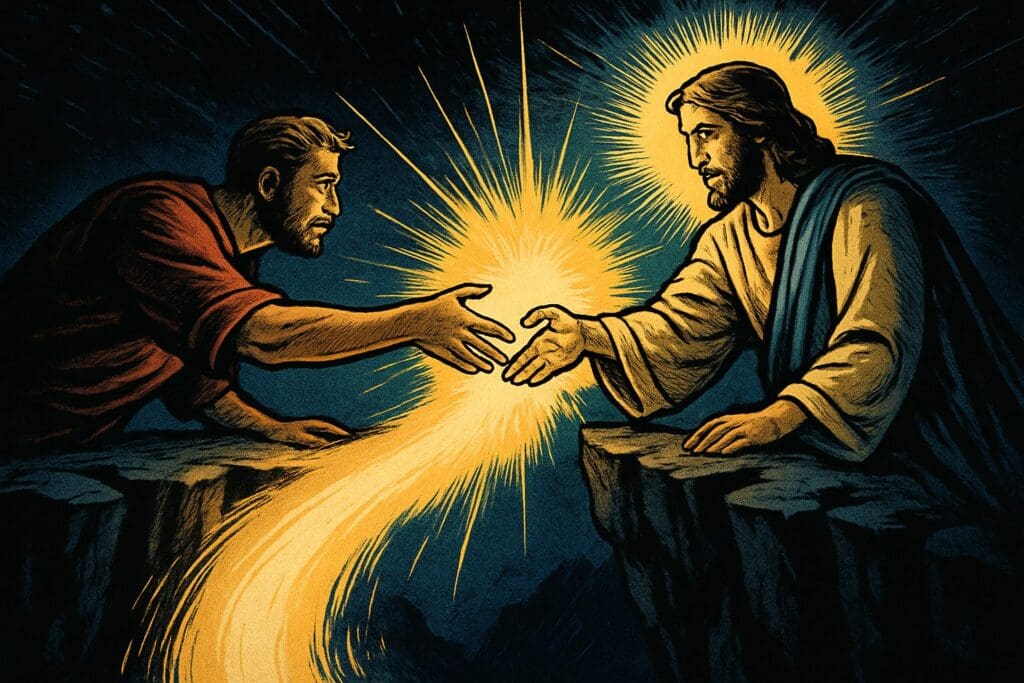 Comic book style illustration depicting a scene from Romans chapter 5