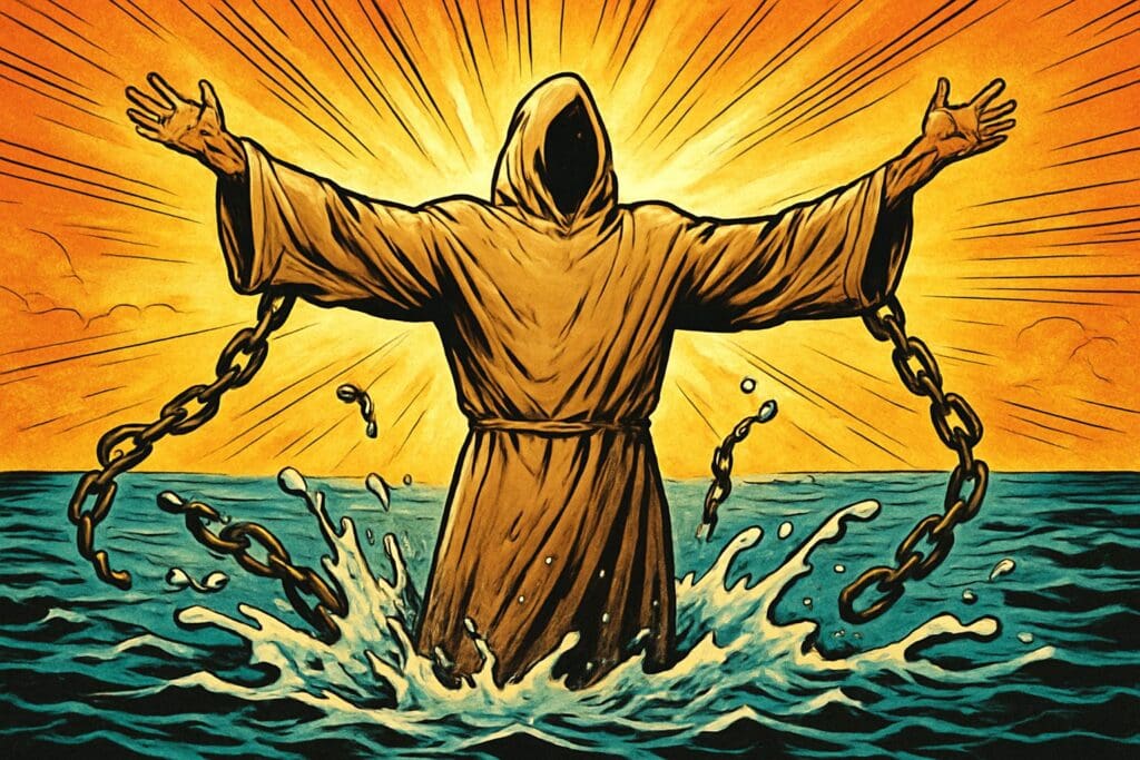 Comic book style illustration depicting a scene from Romans chapter 6
