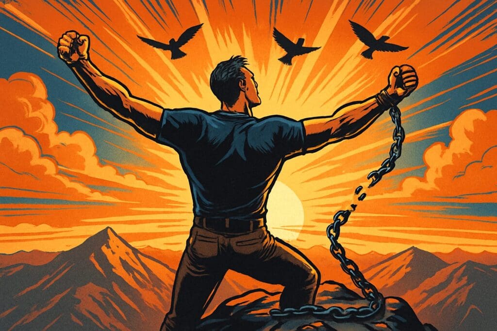 Comic book style illustration depicting a scene from Romans chapter 8