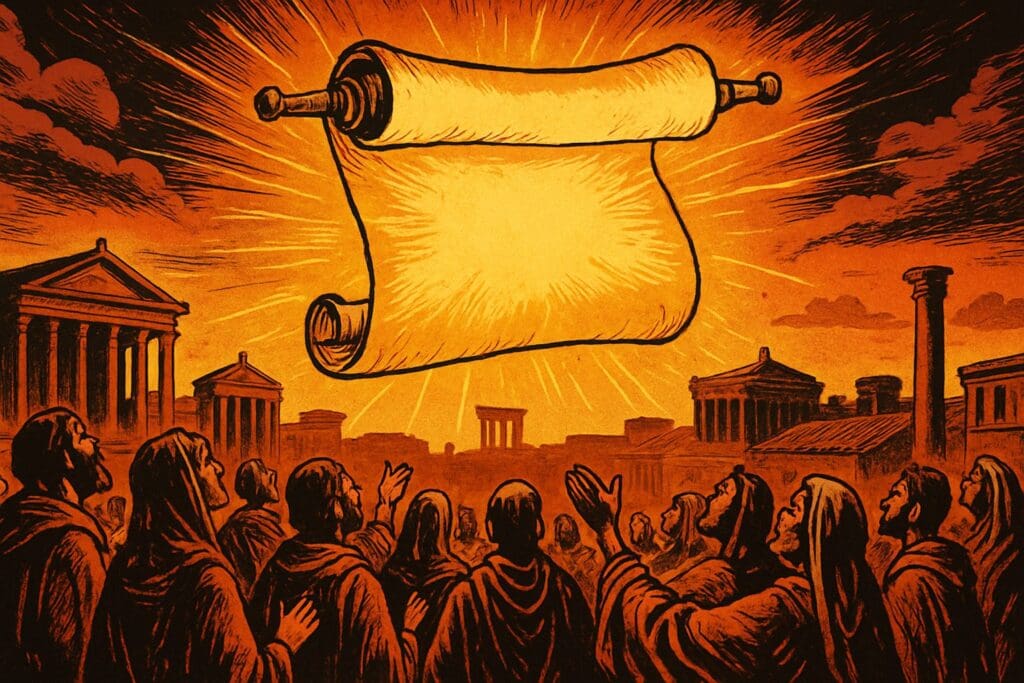 Comic book style illustration of a radiant scroll unfurling above the city of Rome at dawn