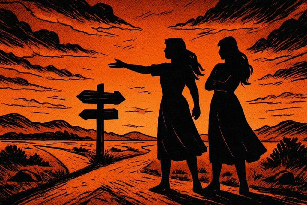Comic book style illustration of two women at a crossroads